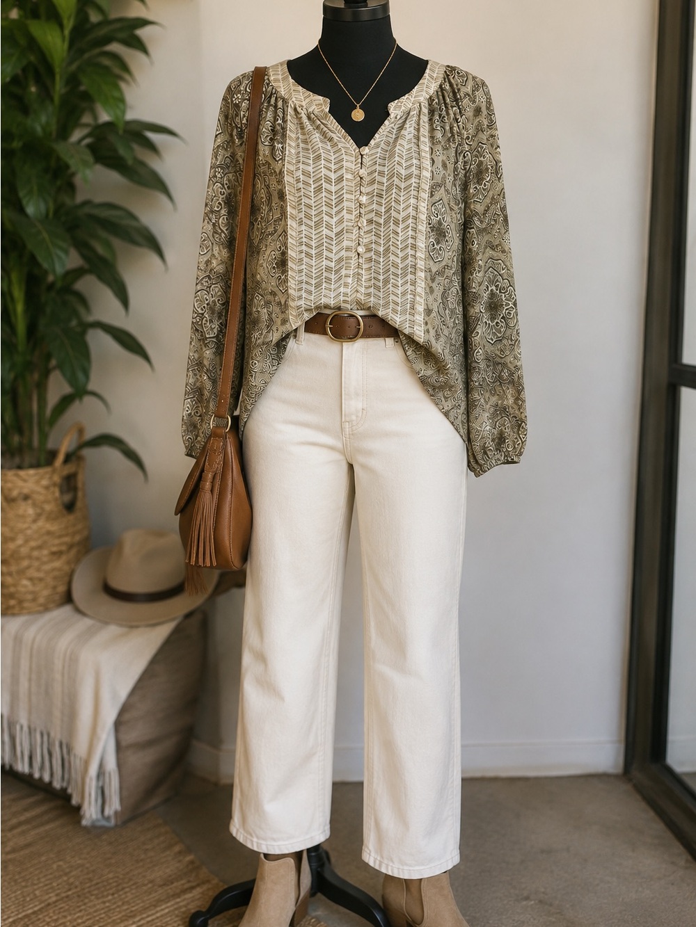Zac & Rachel Cream High-Rise Straight Leg Jeans, Casual, Boho, Classic